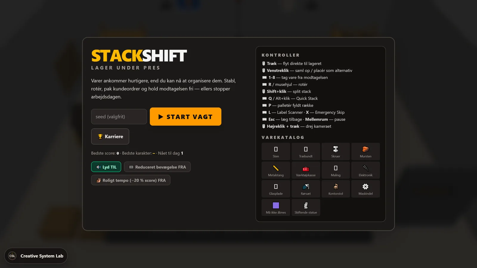 Stackshifts forside: et felt til et valgfrit seed, en stor «Start vagt»-knap, adgang til karrieren, og tre kontakter for lyd, reduceret bevægelse og roligt tempo.